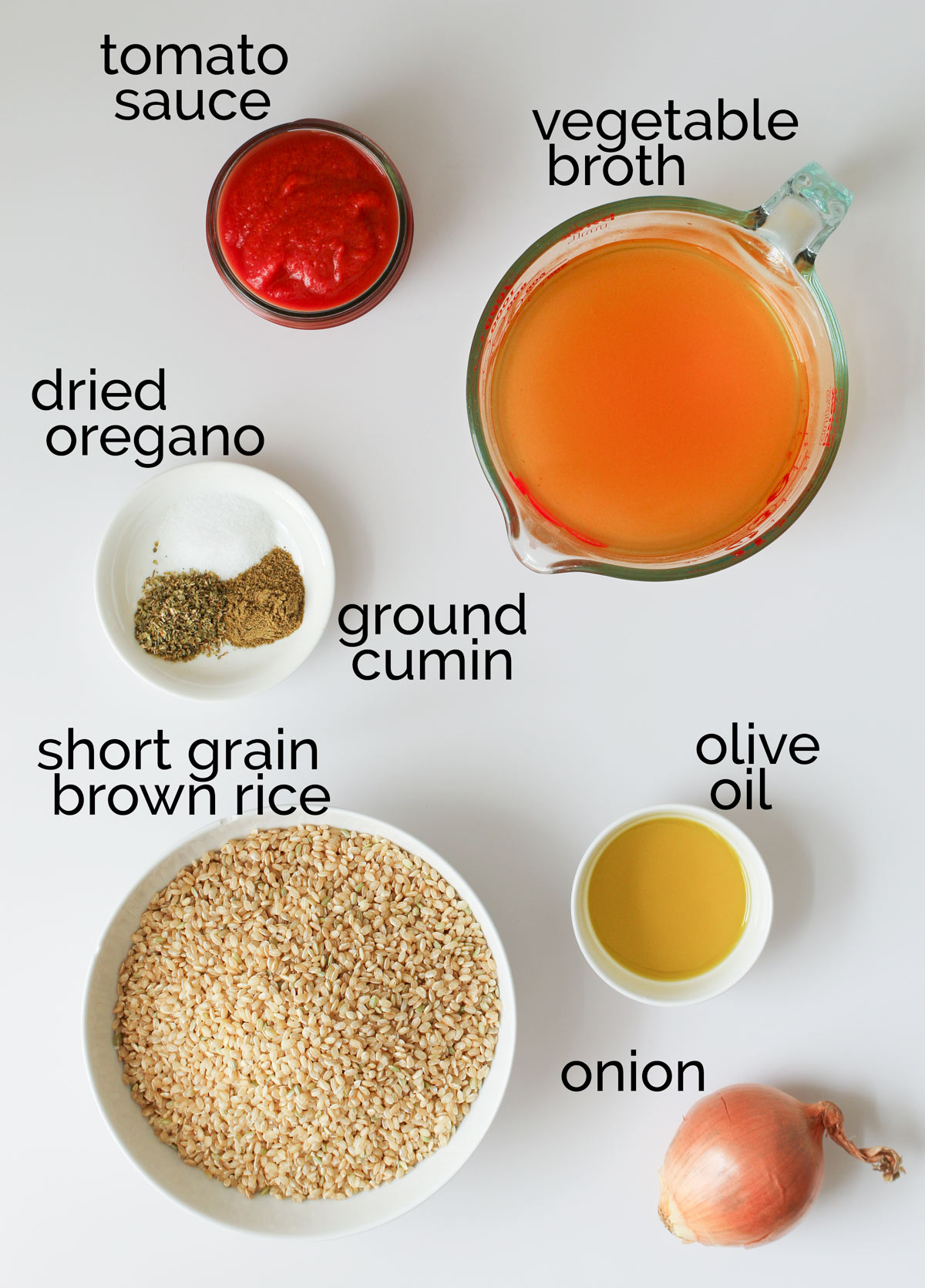 ingredients for Spanish brown rice laid out on counter.