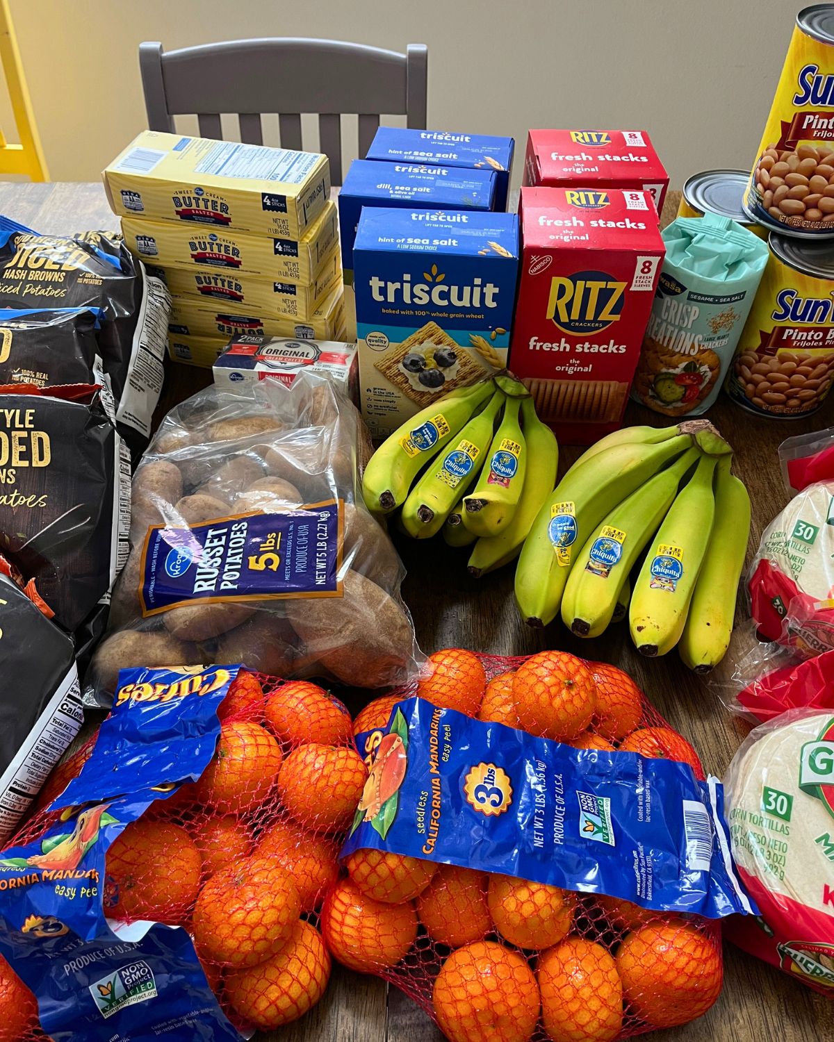 crackers and produce on table.